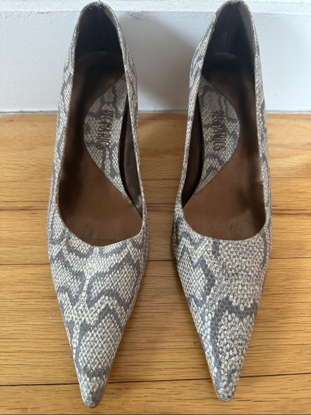 Snake-Print Pointed Toe Pumps in Gray